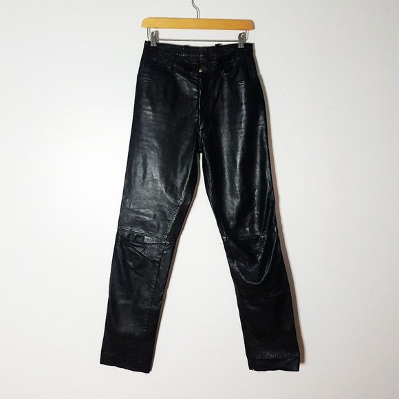 1990s Vintage Black High Waist Leather Pants Size 24 Waist - Picture 1 of 16